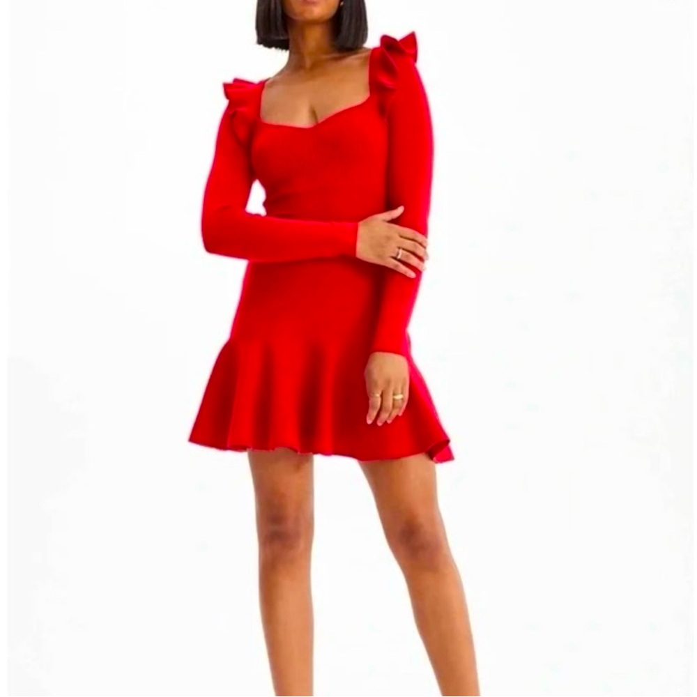 Express | Sweetheart Neck Ruffle Fit and Flare Red Knit Dress Size Large